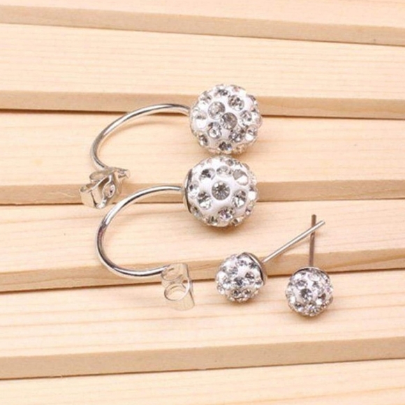 Silver Double Beaded Crystal Stud Earrings - Picture 12 of 13
